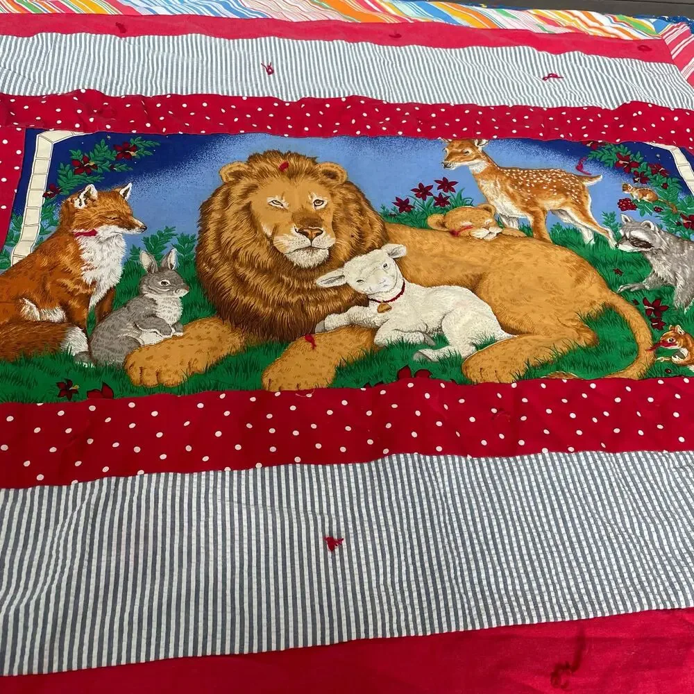 Handmade Patchwork Baby Blanket Bible Theme Lamb Lion Comforter Animals OOAK